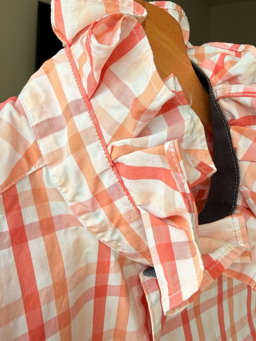 Reloved Upcycle ♻️ Pinguin Pink-Orange Gingham Ruffle Collar Blouse S/M